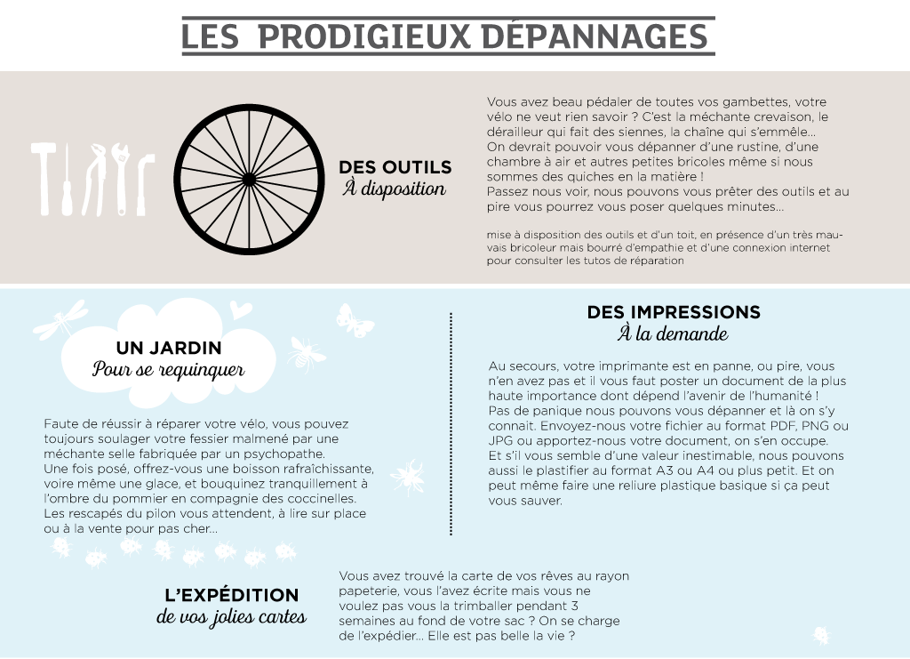 Nous on file un rencard à ceux qui sont en panne En vélo, en bateau, à pied ou à dos d'âne On vous promettra pas une expertise complète Mais juste des outils pour braver la tempête  On ne vous laissera pas tomber. Nous avons quelques outils que nous pouvons mettre à votre disposition pour que vous puissiez panser votre vélo, votre bateau ou votre corps meurtri. Que ce soit avec une clé, un peu d'huile, une pommade ou une boisson chaude, nous saurons vous réconforter et vous apporter toute notre compassion.  Non, vous n'êtes pas nuls, même si vous vous êtes lamentablement vautrés en vélo et que vous avez pété votre guidon, même si vous avez fait une mauvaise manœuvre en bateau et que vous avez mangé un montant d'écluse, même si vous avez marché jambes nues dans les orties. Rien n'est grave, venez nous montrer vos petits bobos et repartez, sinon guéris, du moins ragaillardis. On ne se moquera pas, promis. Du moins pas tant que vous serez là.